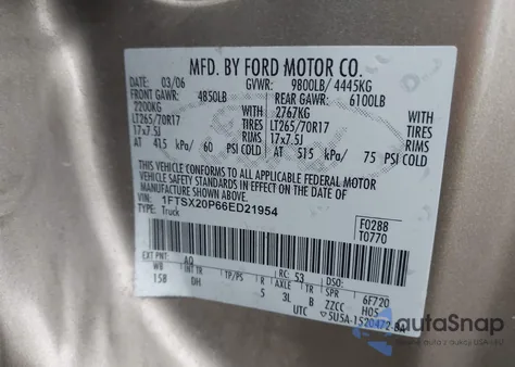 2006 Ford F-250 Lariat/Xl/Xlt z USA, uszkodzony, nr VIN 1FTSX20P66ED21954